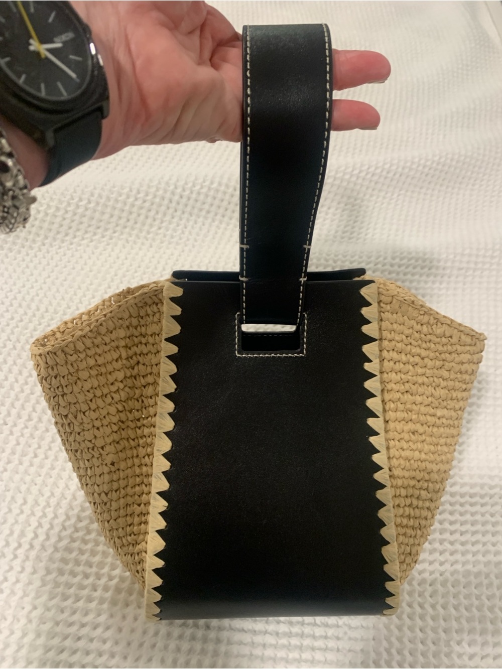 Cute J Crew black leather and straw purse